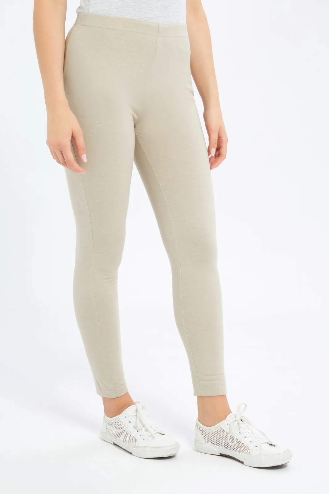 Women Cream And Charcoal Plain Legging Set (Pack Of 2)