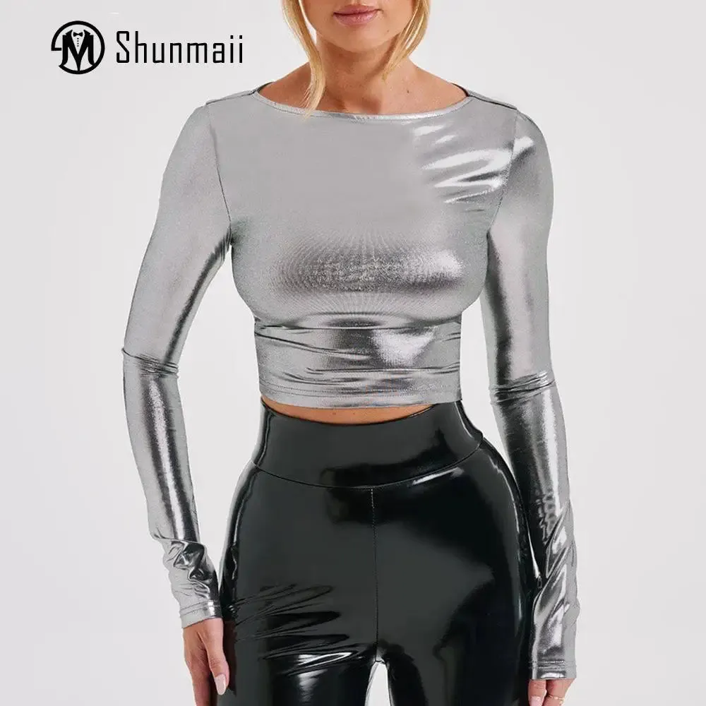 Women Crewneck Long Sleeve Crop Top Pullover Metallic Dance Top