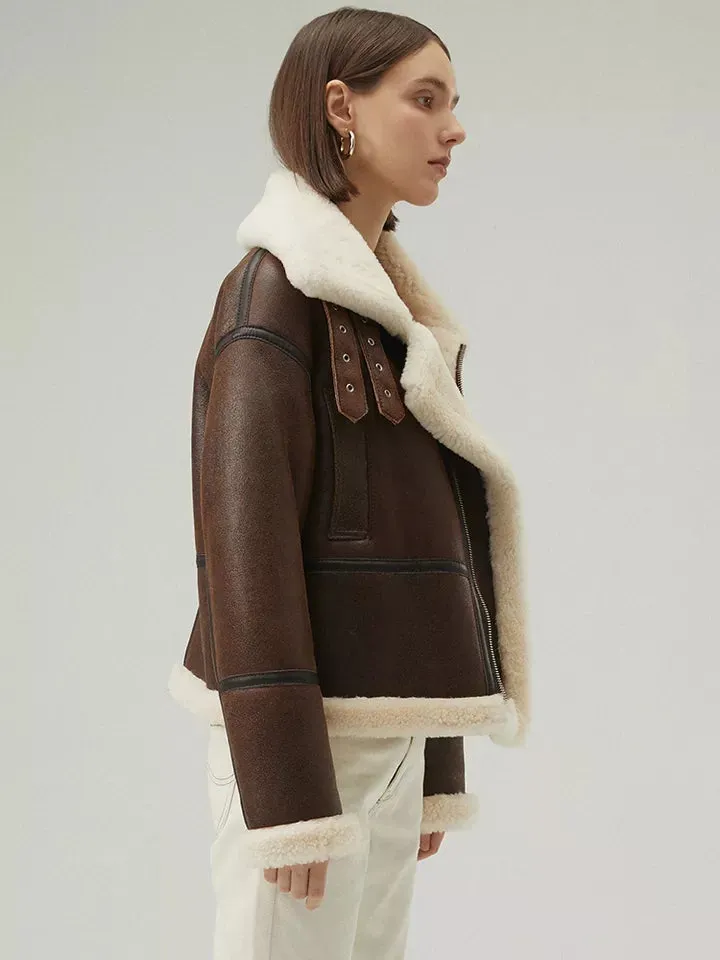 Women’s Chocolate Brown Leather Shearling Aviator Jacket