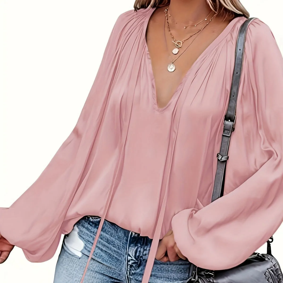 Women's Elegant Pleated V-neck Ribbon Top