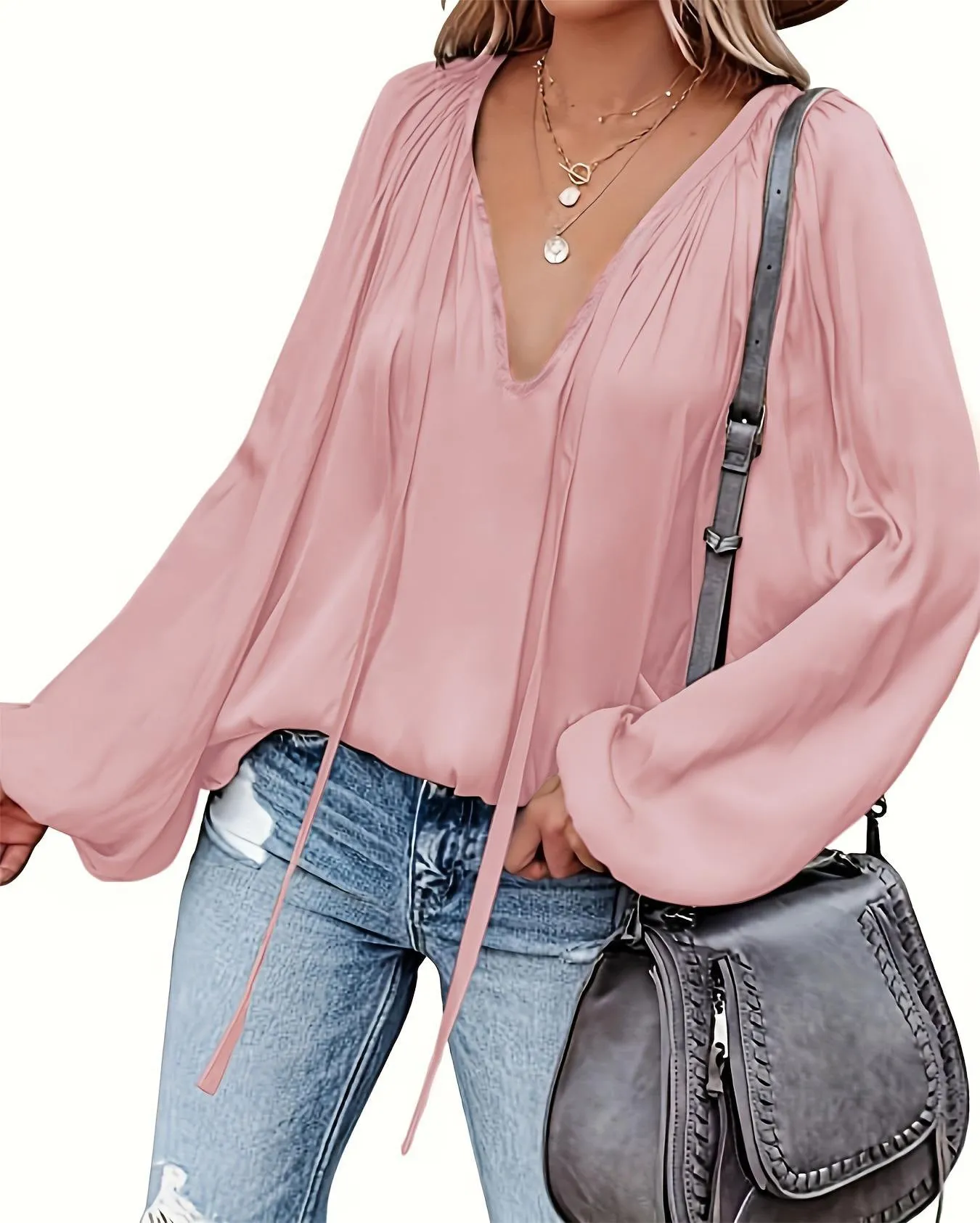 Women's Elegant Pleated V-neck Ribbon Top