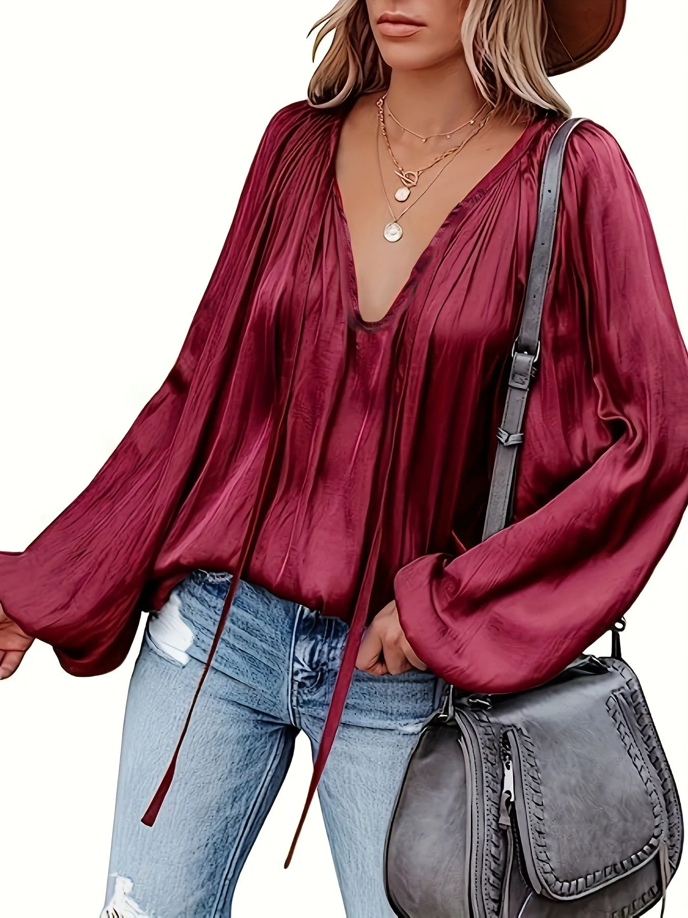 Women's Elegant Pleated V-neck Ribbon Top