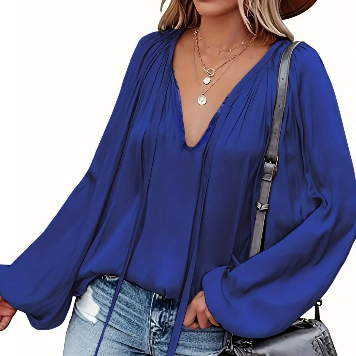 Women's Elegant Pleated V-neck Ribbon Top