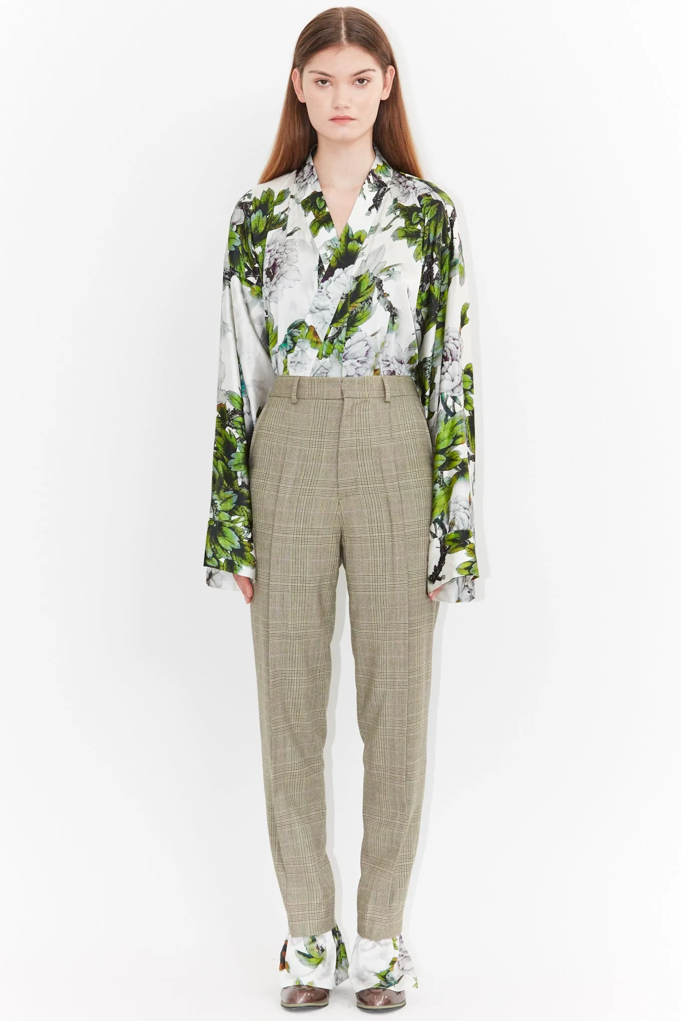 Wool and Print Silk Hem Long Pants