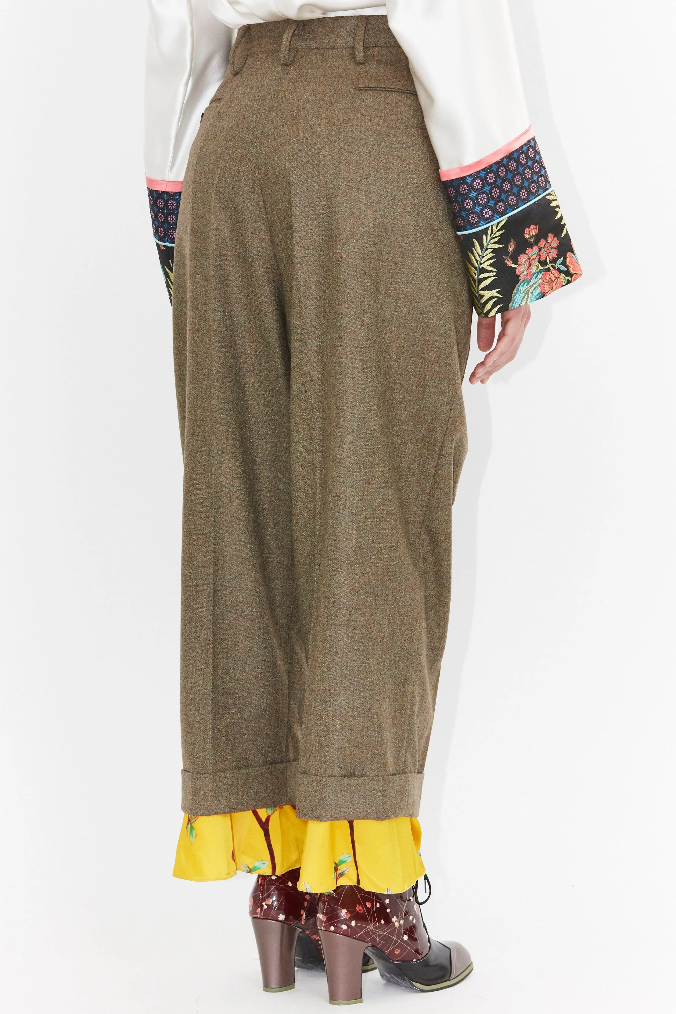 Wool and Print Silk Hem Pants