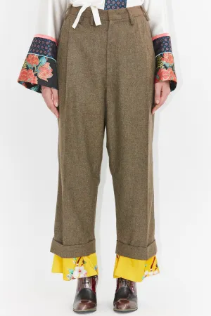 Wool and Print Silk Hem Pants