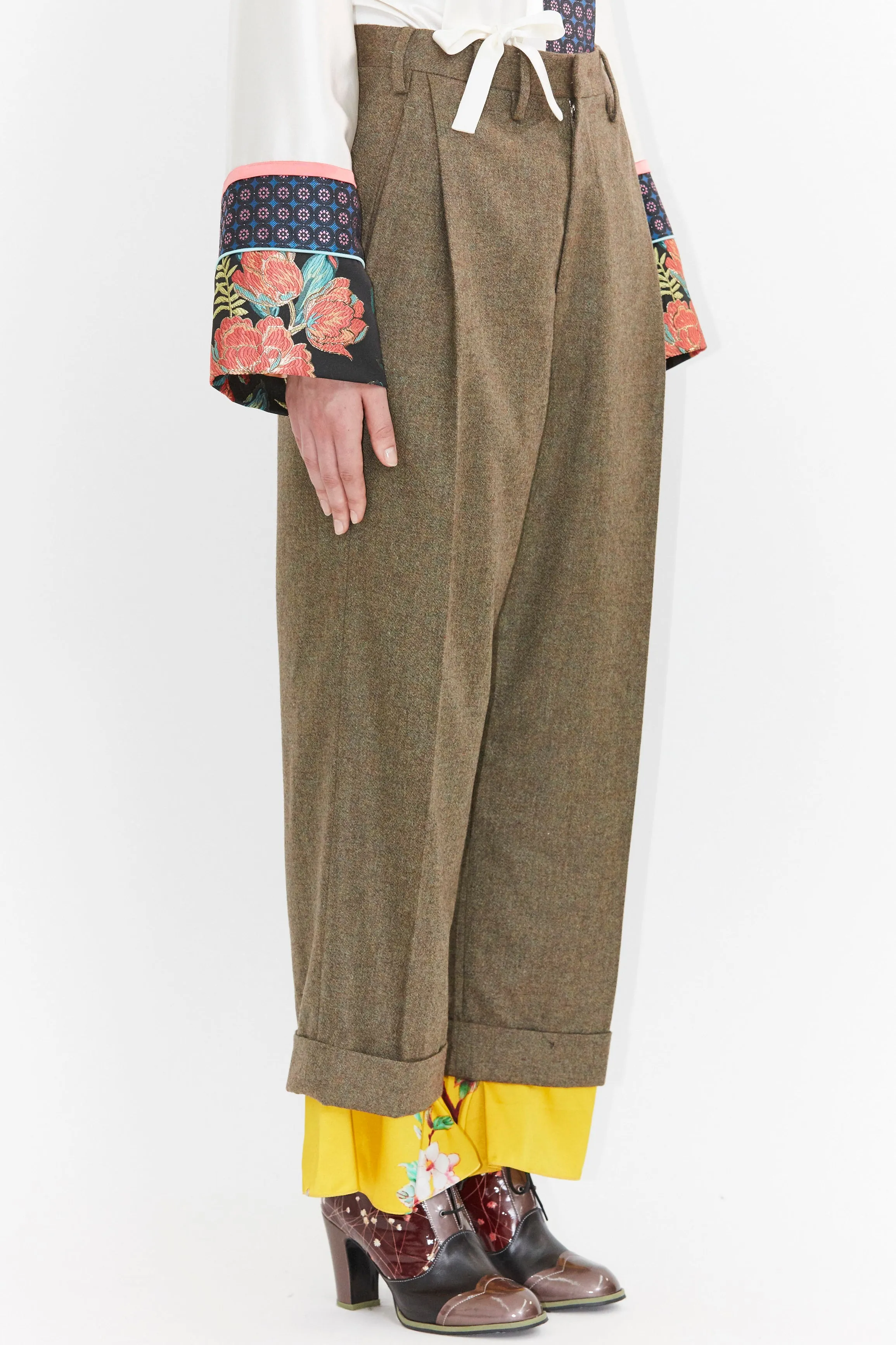 Wool and Print Silk Hem Pants