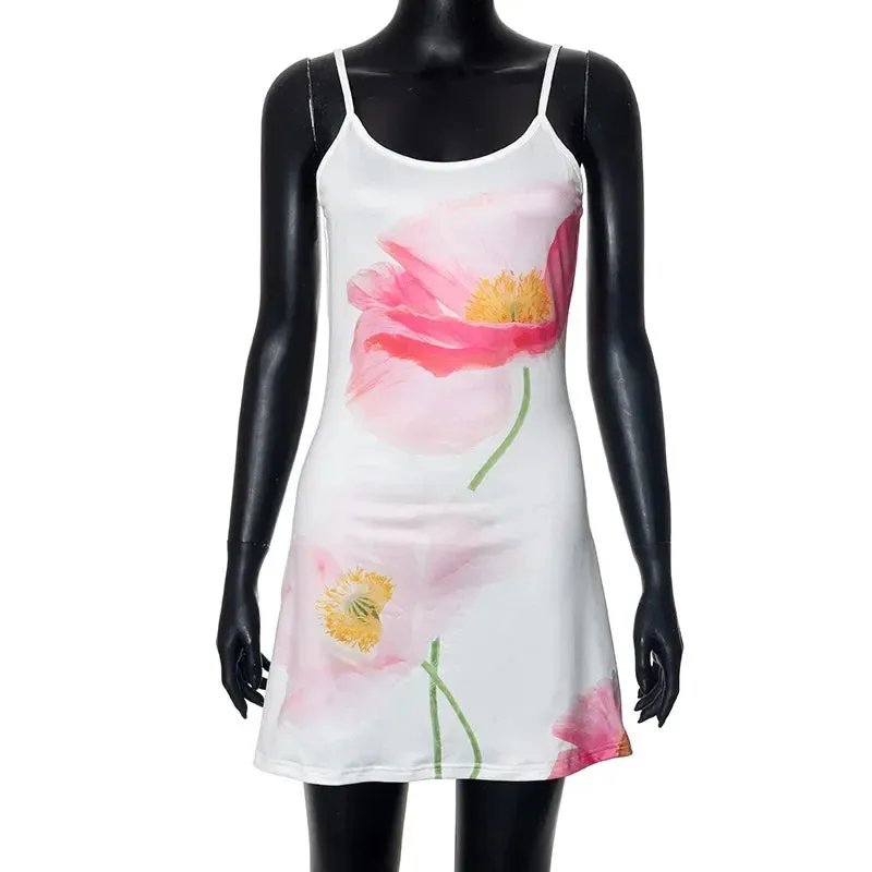 Y2K Streetwear Floral Print Backless Mini Dress