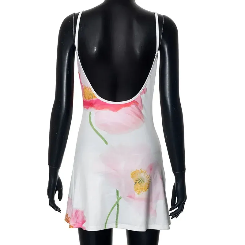 Y2K Streetwear Floral Print Backless Mini Dress