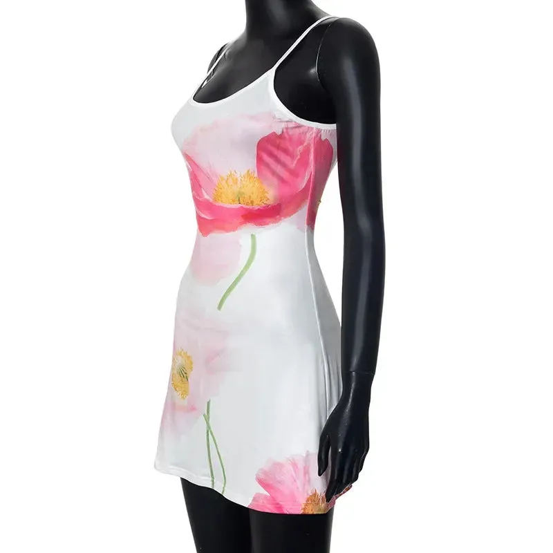 Y2K Streetwear Floral Print Backless Mini Dress