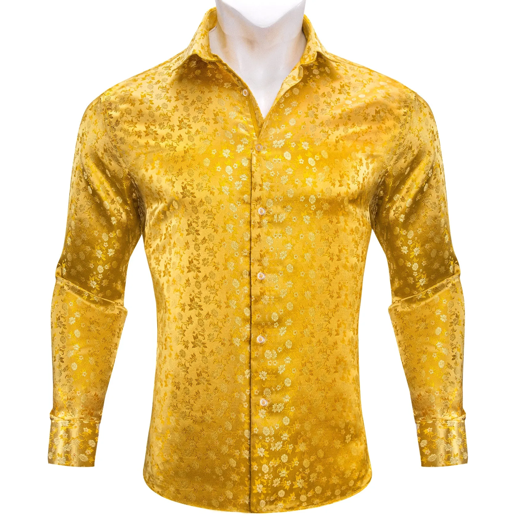 Yellow Floral Silk Men's Long Sleeve Shirt