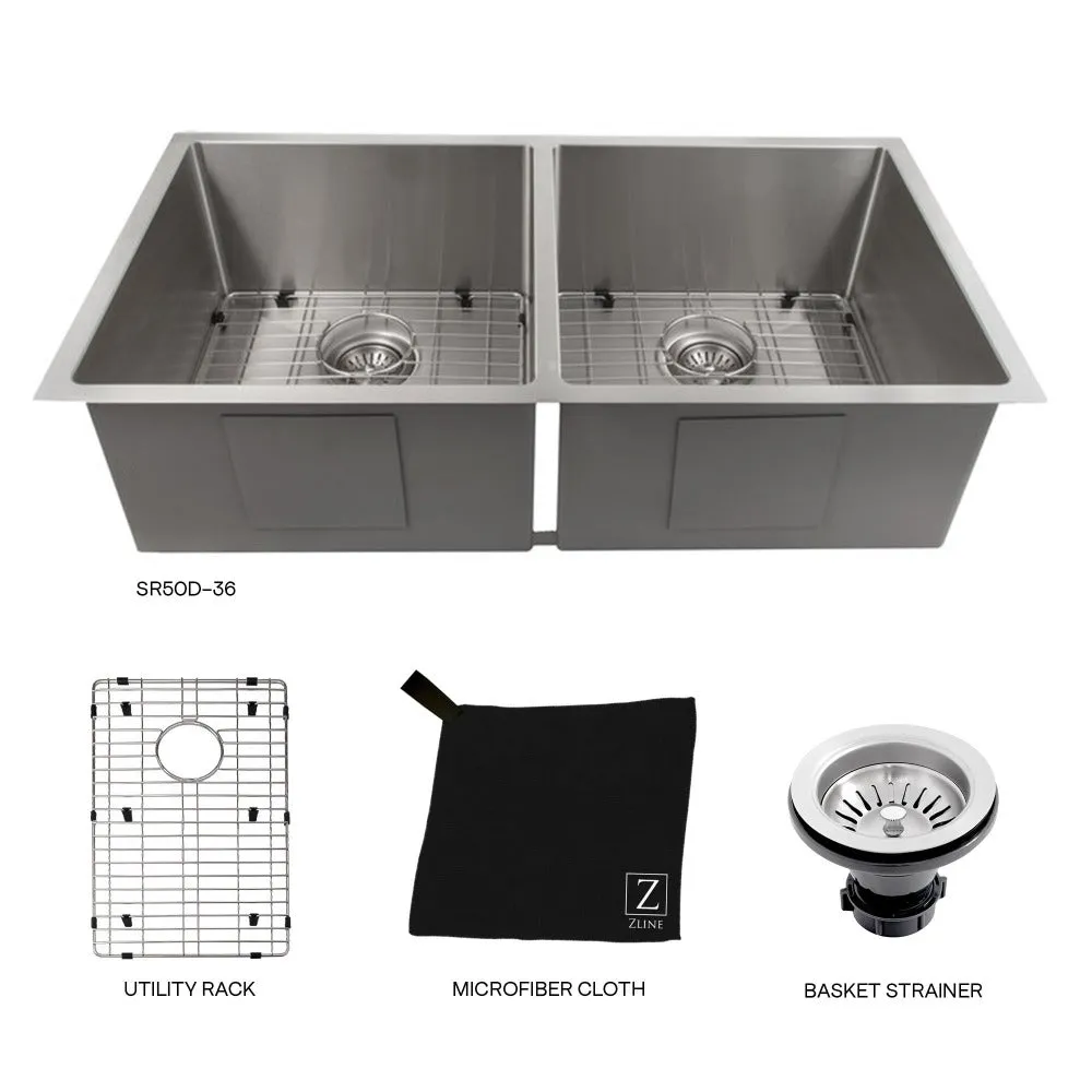 ZLINE Anton 36 in. Undermount Double Bowl Stainless Steel Kitchen Sink with Bottom Grid (SR50D-36)